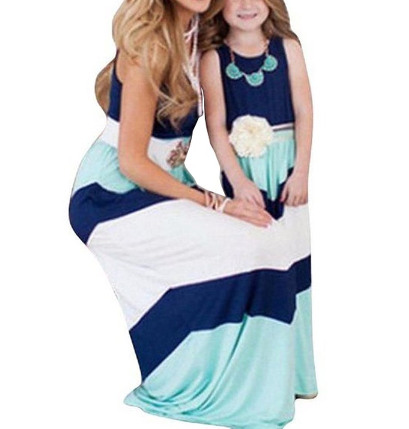 Qin.Orianna Summer Cute Mommy and Me Boho Striped Chevron Maxi Dresses Blue - Image 2